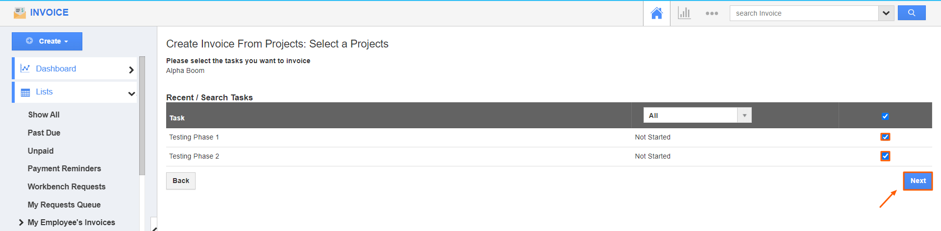Invoice-Select task Next.png Invoice - Select task Next